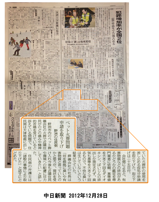 中日新聞の住民側が使用禁止仮申立ての申請を取り下げた時の記事