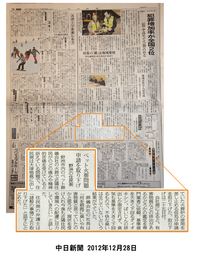 中日新聞の住民側が使用禁止仮申立ての申請を取り下げた時の記事